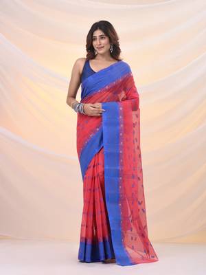 Crimson red pure cotton tant saree with woven designs 1