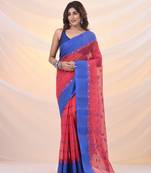 Crimson red pure cotton tant saree with woven designs