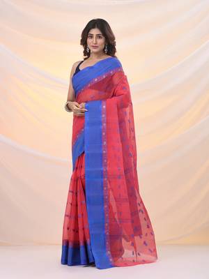 Crimson red pure cotton tant saree with woven designs 2