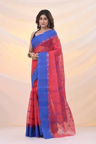 Crimson red pure cotton tant saree with woven designs