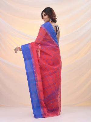 Crimson red pure cotton tant saree with woven designs 3
