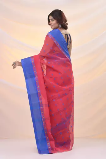 Crimson red pure cotton tant saree with woven designs