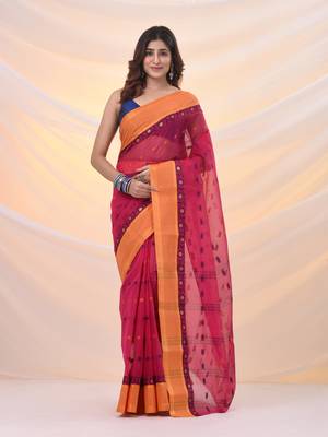 Fuchsia pure cotton tant saree with woven designs 1