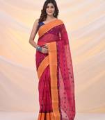 Fuchsia pure cotton tant saree with woven designs