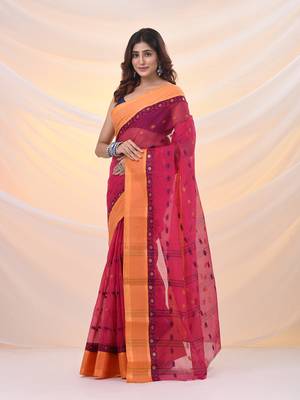 Fuchsia pure cotton tant saree with woven designs 2