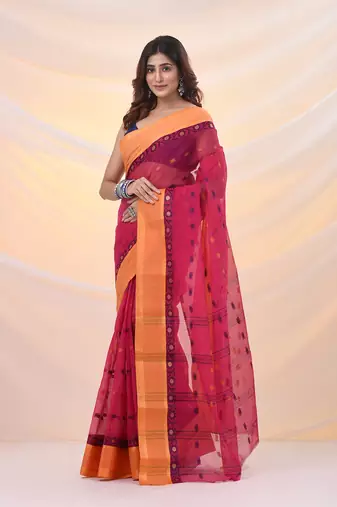 Fuchsia pure cotton tant saree with woven designs
