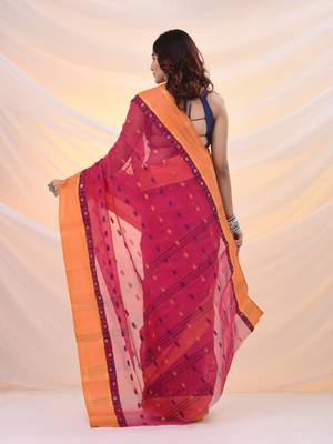 Fuchsia pure cotton tant saree with woven designs 3