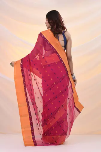 Fuchsia pure cotton tant saree with woven designs