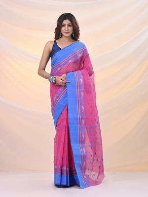 Bubbegum pink pure cotton tant saree with woven designs 1