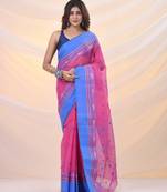 Bubbegum pink pure cotton tant saree with woven designs