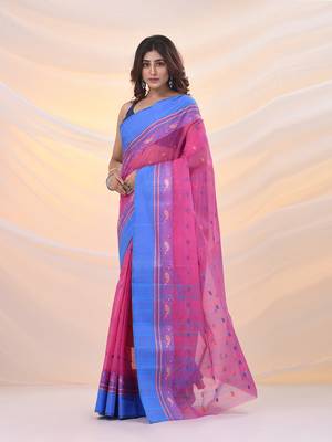 Bubbegum pink pure cotton tant saree with woven designs 2