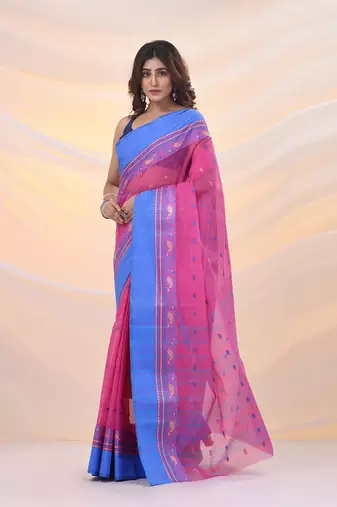 Bubbegum pink pure cotton tant saree with woven designs