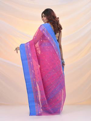 Bubbegum pink pure cotton tant saree with woven designs 3