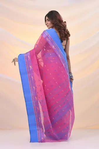 Bubbegum pink pure cotton tant saree with woven designs