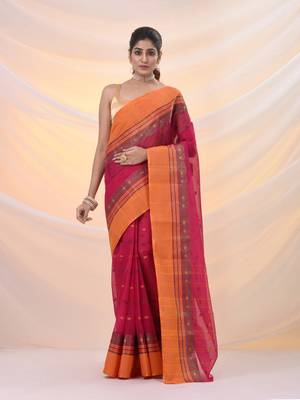 Fuchsia pure cotton tant saree with woven designs 1