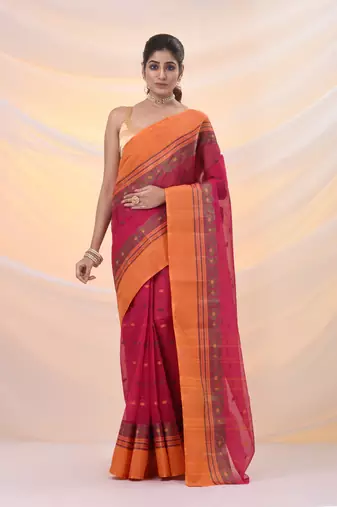 Fuchsia pure cotton tant saree with woven designs