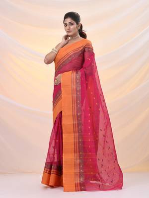 Fuchsia pure cotton tant saree with woven designs 2