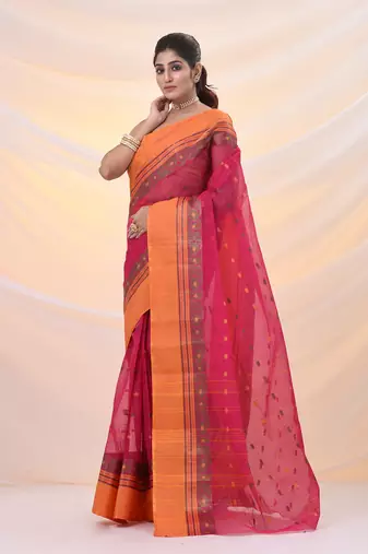 Fuchsia pure cotton tant saree with woven designs