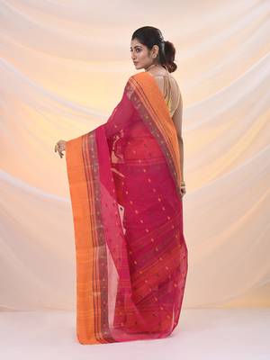 Fuchsia pure cotton tant saree with woven designs 3