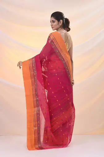 Fuchsia pure cotton tant saree with woven designs