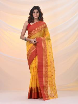 Yellow pure cotton tant saree with woven designs 1