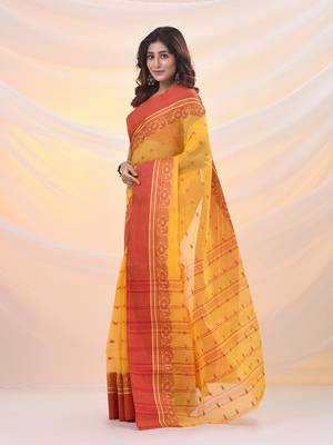 Yellow pure cotton tant saree with woven designs 2