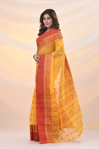Yellow pure cotton tant saree with woven designs