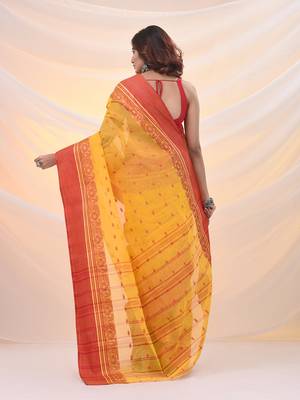 Yellow pure cotton tant saree with woven designs 3