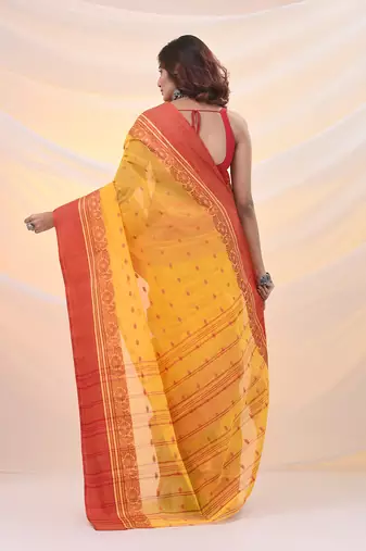 Yellow pure cotton tant saree with woven designs