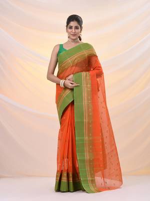 Orange pure cotton tant saree with woven designs 1