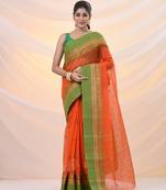 Orange pure cotton tant saree with woven designs