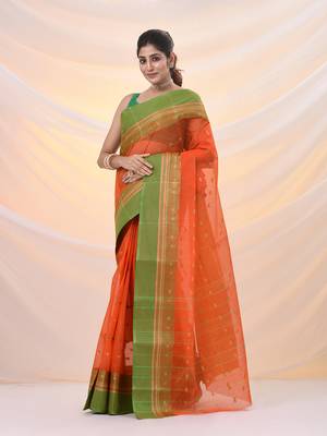 Orange pure cotton tant saree with woven designs 2