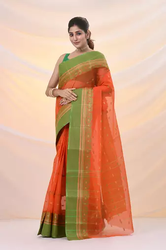Orange pure cotton tant saree with woven designs