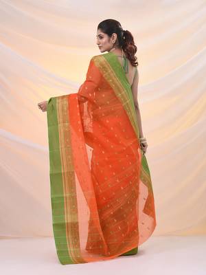 Orange pure cotton tant saree with woven designs 3