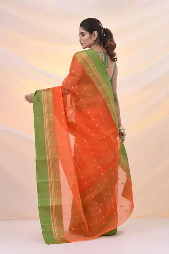 Orange pure cotton tant saree with woven designs