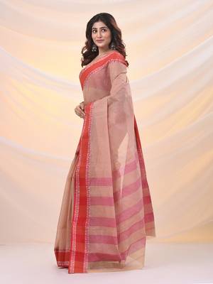 Beige pure cotton tant saree with woven designs 2