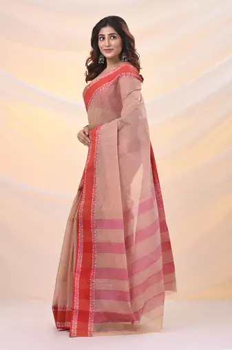 Beige pure cotton tant saree with woven designs