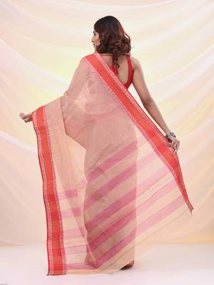 Beige pure cotton tant saree with woven designs 3