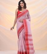 White pure cotton tant saree with woven designs