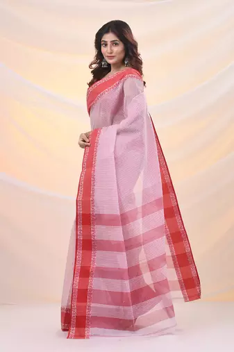 White pure cotton tant saree with woven designs