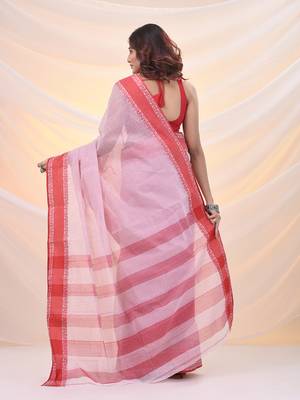 White pure cotton tant saree with woven designs 3