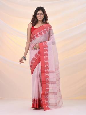 White and red pure cotton tant saree with woven designs 1