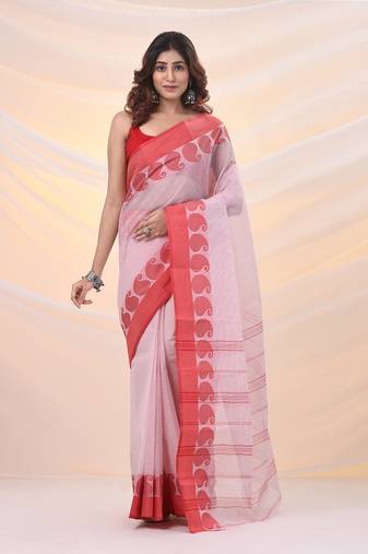 White and red pure cotton tant saree with woven designs