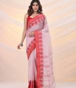 White and red pure cotton tant saree with woven designs