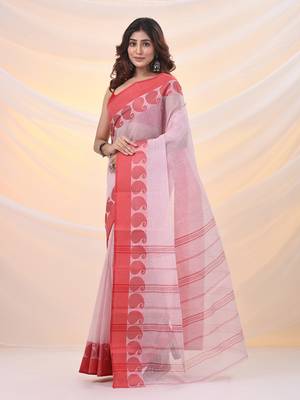 White and red pure cotton tant saree with woven designs 2