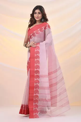 White and red pure cotton tant saree with woven designs