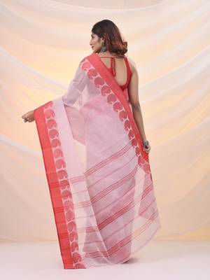 White and red pure cotton tant saree with woven designs 3