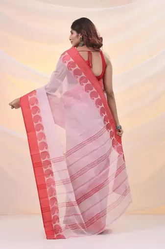 White and red pure cotton tant saree with woven designs