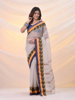 White pure cotton tant saree with woven designs 1
