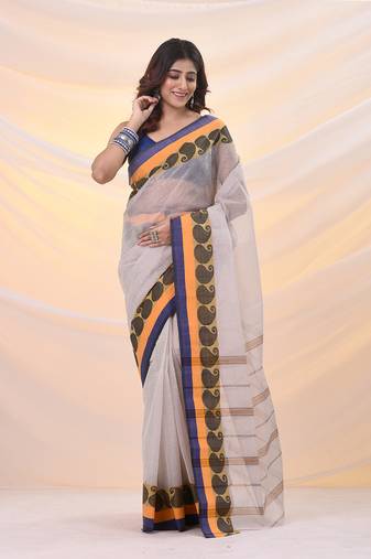 White pure cotton tant saree with woven designs